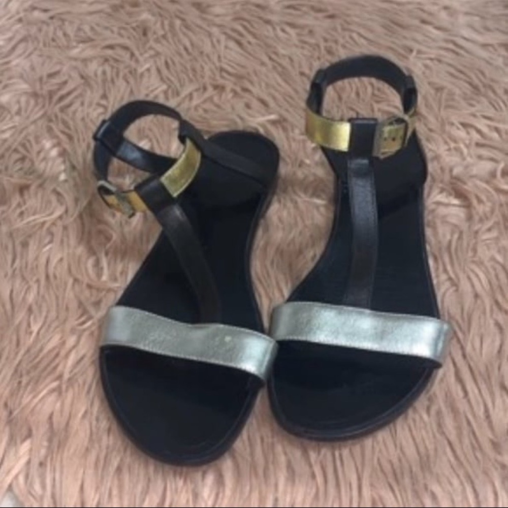 SAINT LAURENT COLORBLOCK T-STRAP SANDALS BLACK & METALLIC LEATHER SIZE 38.5